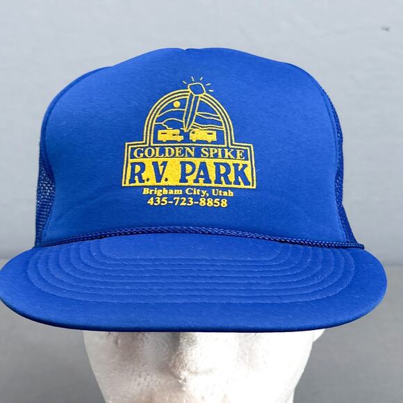 VTG Snap Back Trucker Hat Golden Spike R.V. Park Utah 90s Grandpa Cap Foam Mesh - Picture 3 of 10